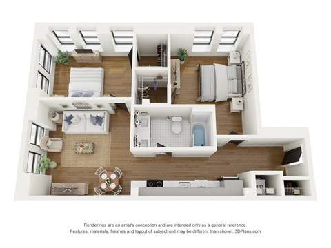 Floor plan for 2 beds, 1 bath, 813 sqft